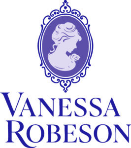 A purple cameo-style silhouette of a woman in profile is framed above the name "Vanessa Robeson" in elegant blue capital letters.