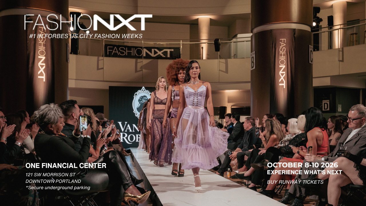 Models wearing stylish outfits walk down a runway at a fashion show in a grand indoor venue. Event details, including location in Portland and October 2026 dates, are displayed on the image.
