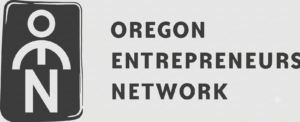 Black and white logo with a stylized figure next to the words "Oregon Entrepreneurs Network" in bold capital letters, representing innovation and creativity, perfect for events like the Emerging Designers Competition.