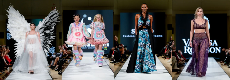 Four models walk a fashion runway, each wearing distinct outfits: angel wings with a white dress, colorful and playful pastel costumes, a sleeveless blue patterned gown, and a deep purple sheer lingerie set with a long train.