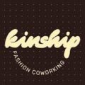 Logo with the word "kinship" in large, script font and "FASHION COWORKING" in smaller, uppercase letters underneath, on a dark background with a dotted pattern—perfectly capturing the spirit of creativity that defines our Emerging Designers Competition.