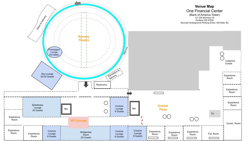 Venue map showing various lounges, bars, restrooms, and exhibit spaces at One Financial Center. Notable areas include the Sky Lounge, VIP Lounge, Champagne Lounge, Rimwity Trapeze, and Exhibit Plaza—each offering unique experiences for guests with Portland Fashion Show Tickets.