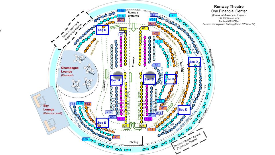 Seating chart of the Runway Theatre, designed for Portland Fashion Show Tickets, showing circular rows, labeled sections (A, B, C, D, E), lounges, entrance, exits, accessible seating, and balcony levels. Color-coded seats and pathways are also indicated.