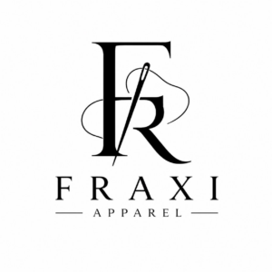 Logo for “Fraxi Apparel” with a stylized “F” and “R” incorporating a sewing needle and thread. “FRAXI” is in bold letters above the word “APPAREL” with lines on each side.