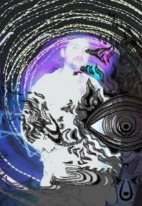 A person stands with swirling lights and abstract black-and-white doodles, including a large eye and wavy patterns, overlaid on the image, giving it a surreal, psychedelic effect.