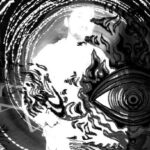 A person stands in the background of swirling abstract black and white patterns, including a large eye and wavy lines in the foreground, creating a surreal, dreamlike effect. A person stands in the background of swirling abstract black and white patterns, including a large eye and wavy lines in the foreground, creating a surreal, dreamlike effect.